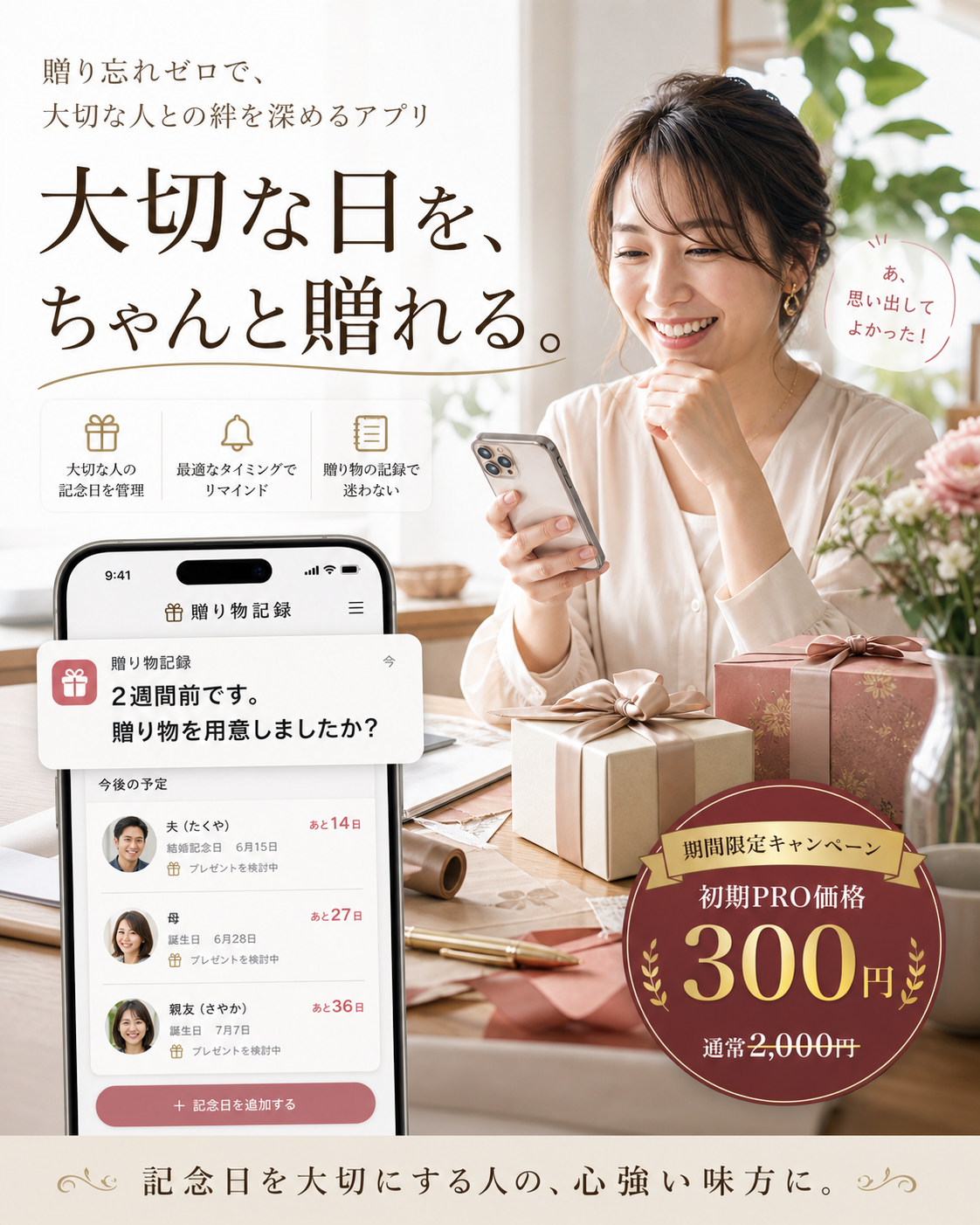 2週間前の通知と初期PRO価格300円を訴求する贈り物記録のチラシ風ビジュアル