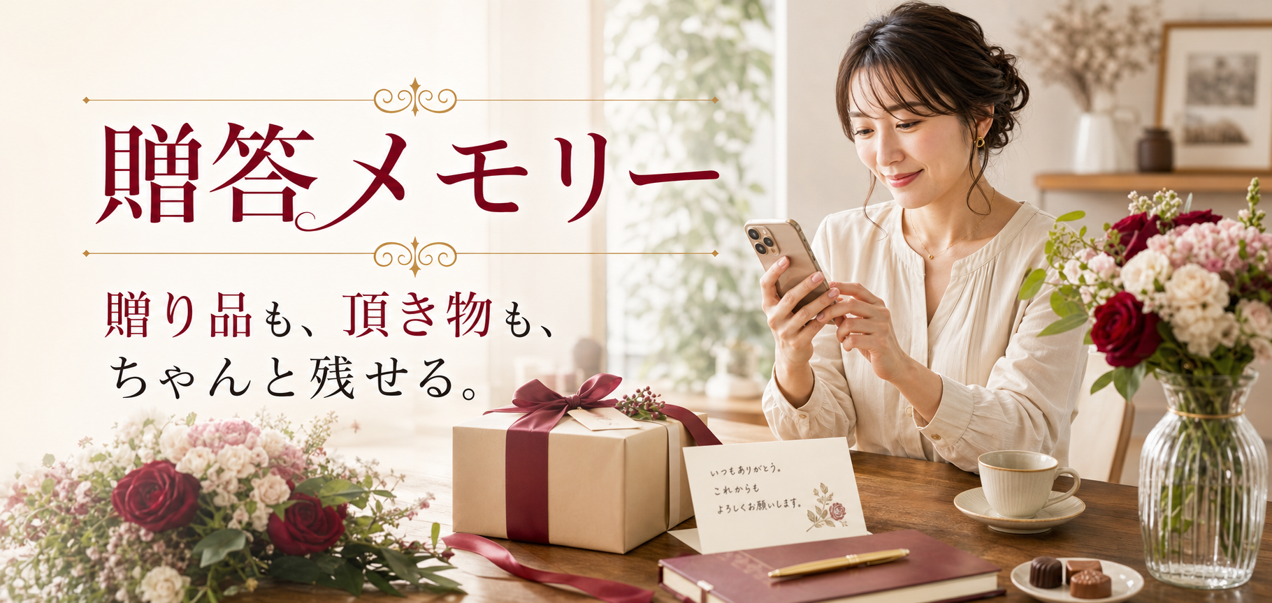 贈答メモリー。贈り品も、頂き物も、ちゃんと残せる。贈答記録アプリのメインビジュアル